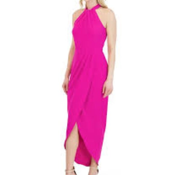 Julia Jordan Knot Halter Neck Sleeveless Faux Wrap Tulip Hem Mid Maxi Womens 2 - Picture 1 of 11